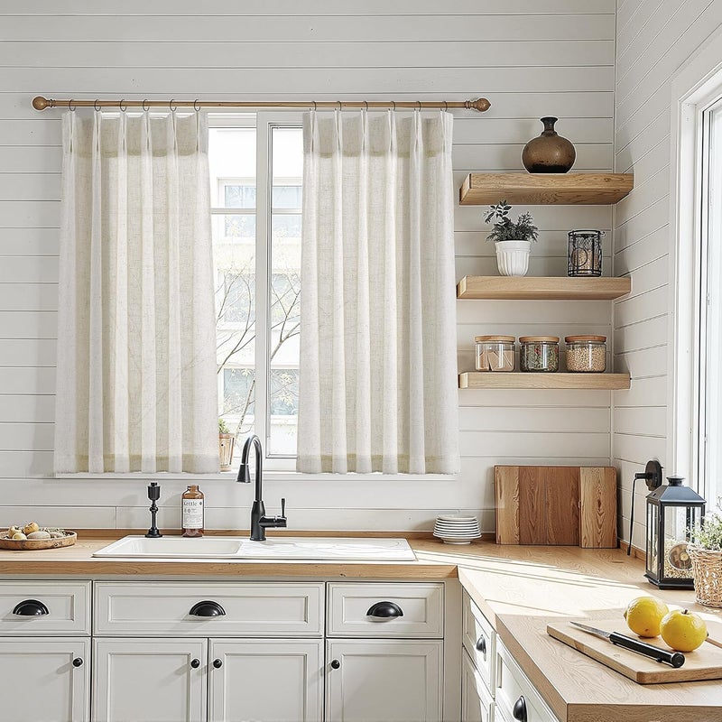 Fuhana Linen Kitchen Curtains,36 Inch Length Light Filtering Sheer Short Cafe Window Curtains Tier,Pinch Pleated Small Kitchen Drapes for Windows,2 Panels,(24" W x 36" L Natural) - Image 2